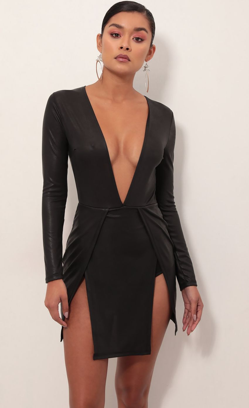 Picture Ivy High Slit Dress in Matte Black. Source: https://media-img.lucyinthesky.com/data/Mar19_1/850xAUTO/781A2737S.JPG