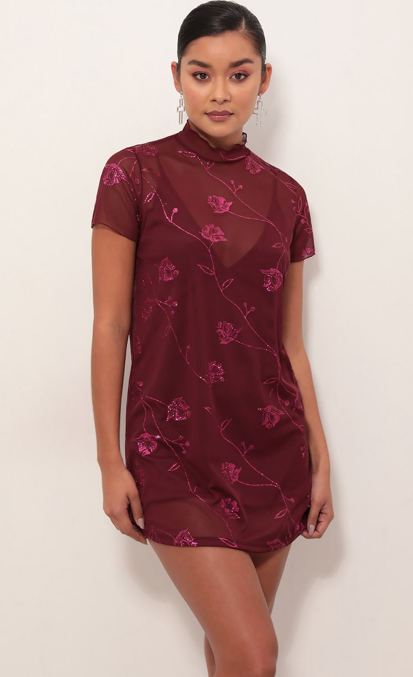Picture Harper Dress in Burgundy Cherry Blossom. Source: https://media-img.lucyinthesky.com/data/Mar19_1/850xAUTO/781A3043.JPG