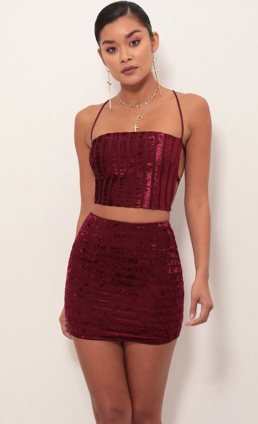 Picture Ava Wine Velvet Stripes Lace-Up Set. Source: https://media-img.lucyinthesky.com/data/Mar19_1/850xAUTO/781A3375S.JPG