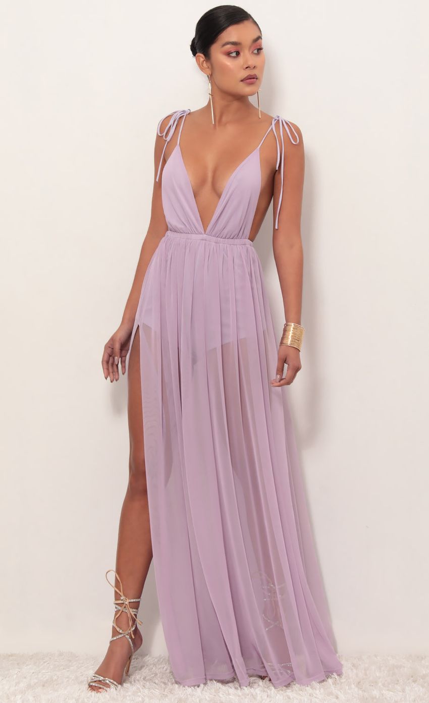 Picture Skylar Love Ties Maxi Dress in Lavender. Source: https://media-img.lucyinthesky.com/data/Mar19_1/850xAUTO/781A3809.JPG
