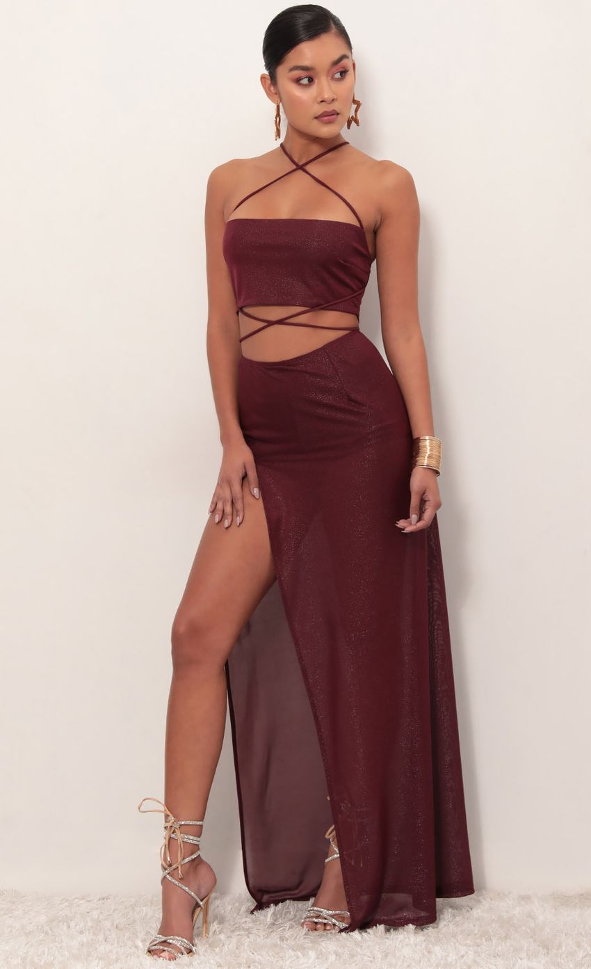 Picture Boho Shimmer Mesh Maxi Set in Burgundy. Source: https://media-img.lucyinthesky.com/data/Mar19_1/850xAUTO/781A3937.JPG
