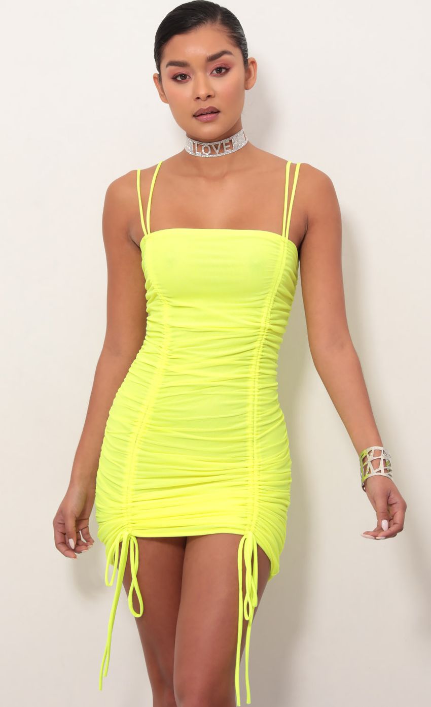 Picture Double Trouble Ruched Dress in Neon Yellow. Source: https://media-img.lucyinthesky.com/data/Mar19_1/850xAUTO/781A4993.JPG