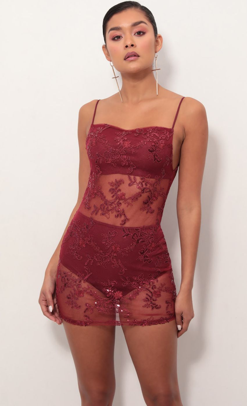Picture Vegas Sequin Lace Dress in Merlot. Source: https://media-img.lucyinthesky.com/data/Mar19_1/850xAUTO/781A6280S.JPG