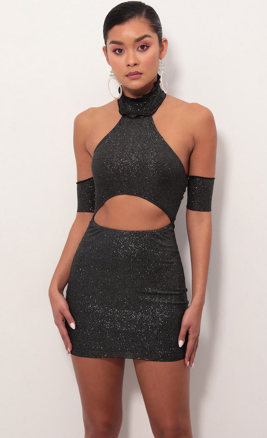 Picture Elena Cut Out Dress In Black Shimmer. Source: https://media-img.lucyinthesky.com/data/Mar19_1/850xAUTO/781A6538S.JPG