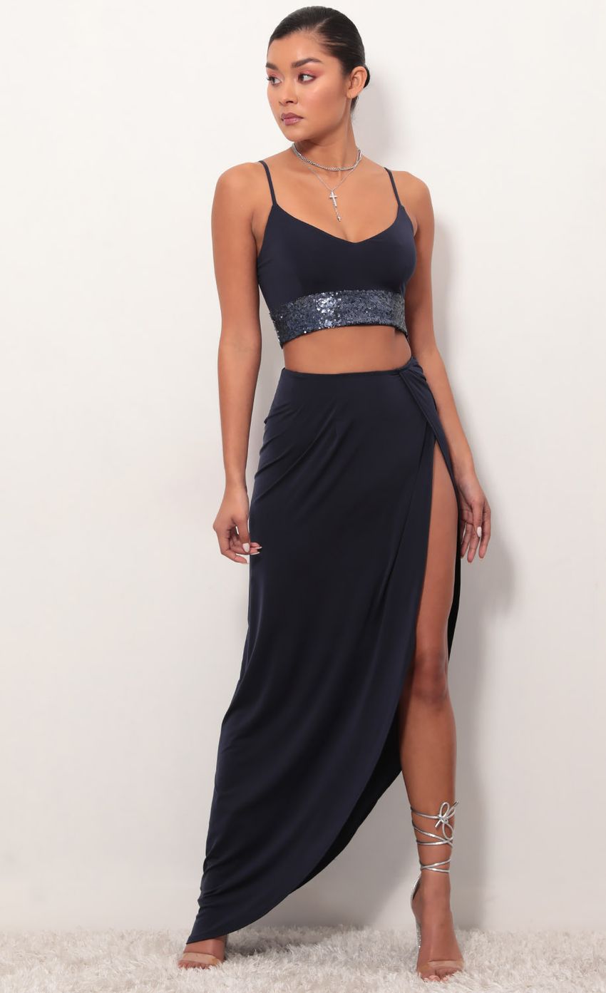 Picture City Lights Sequin Maxi Set in Navy. Source: https://media-img.lucyinthesky.com/data/Mar19_2/850xAUTO/781A6841.JPG