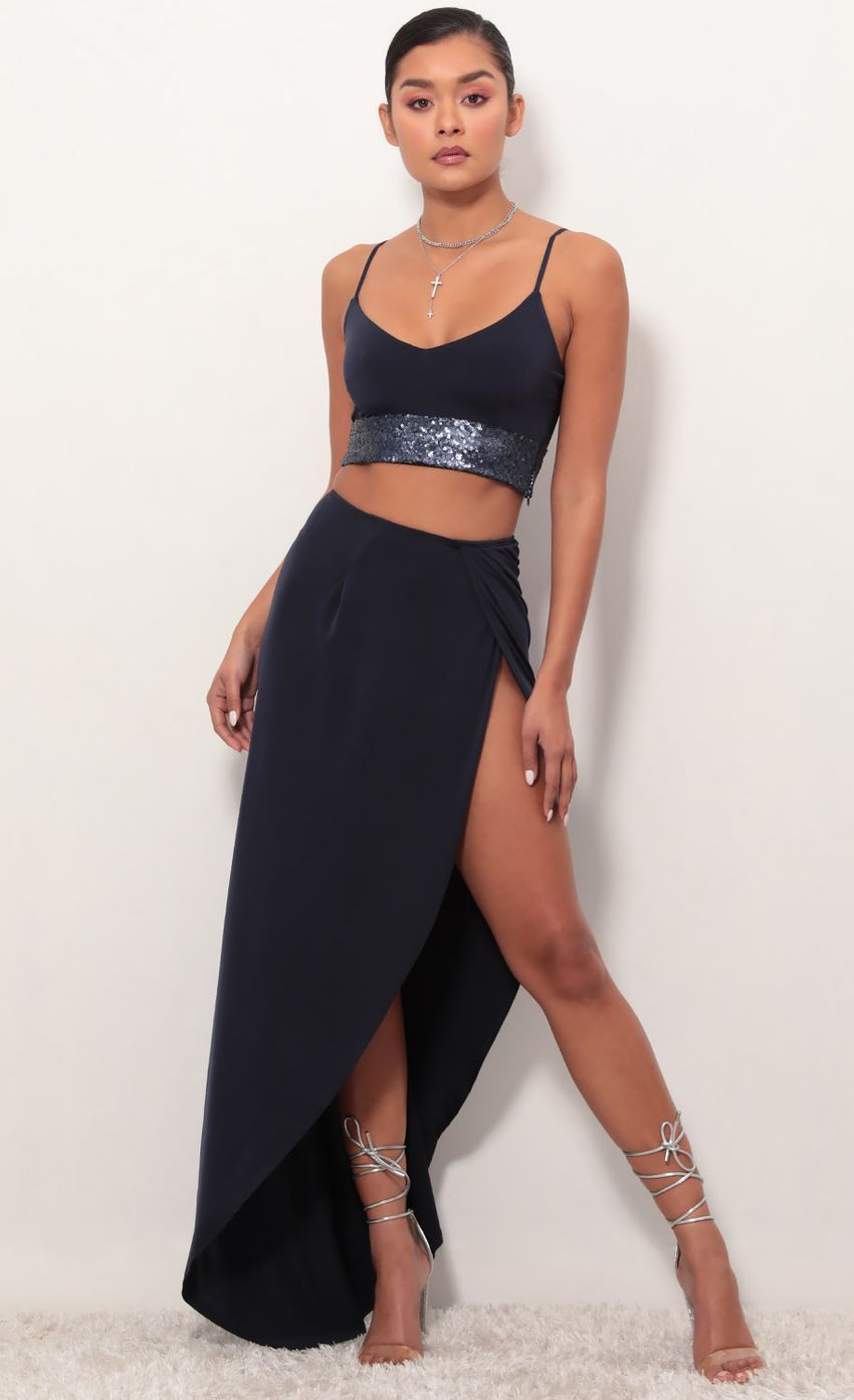 Picture City Lights Sequin Maxi Set in Navy. Source: https://media-img.lucyinthesky.com/data/Mar19_2/850xAUTO/781A6843.JPG