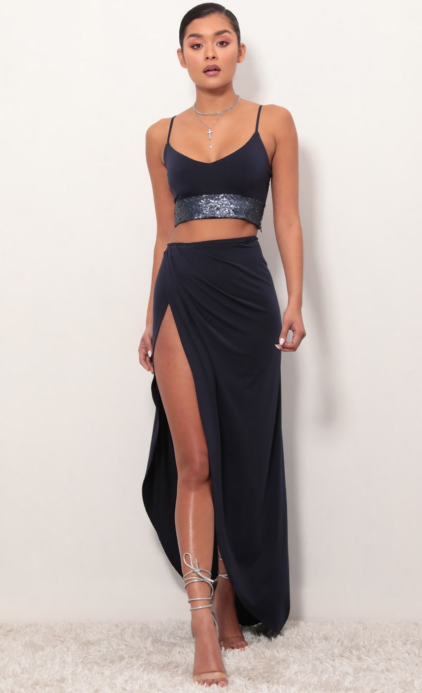 Picture City Lights Sequin Maxi Set in Navy. Source: https://media-img.lucyinthesky.com/data/Mar19_2/850xAUTO/781A6847.JPG