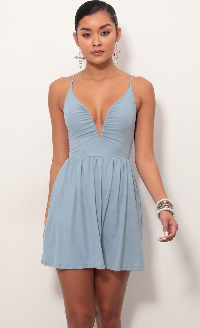 Picture Low V Suede Plunge Dress In Blue. Source: https://media-img.lucyinthesky.com/data/Mar19_2/850xAUTO/781A7530S.JPG