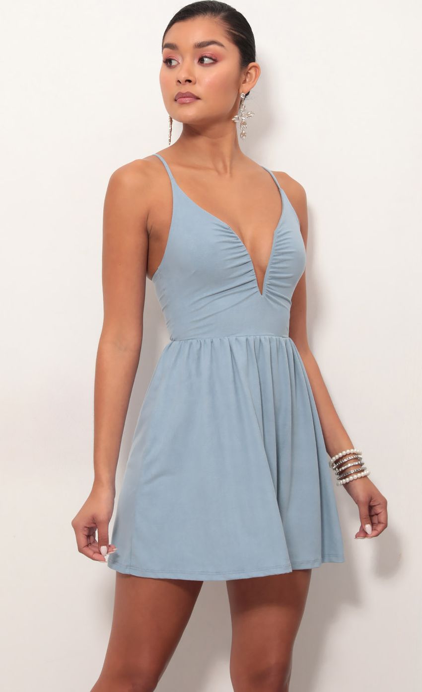 Picture Low V Suede Plunge Dress In Blue. Source: https://media-img.lucyinthesky.com/data/Mar19_2/850xAUTO/781A7537S.JPG
