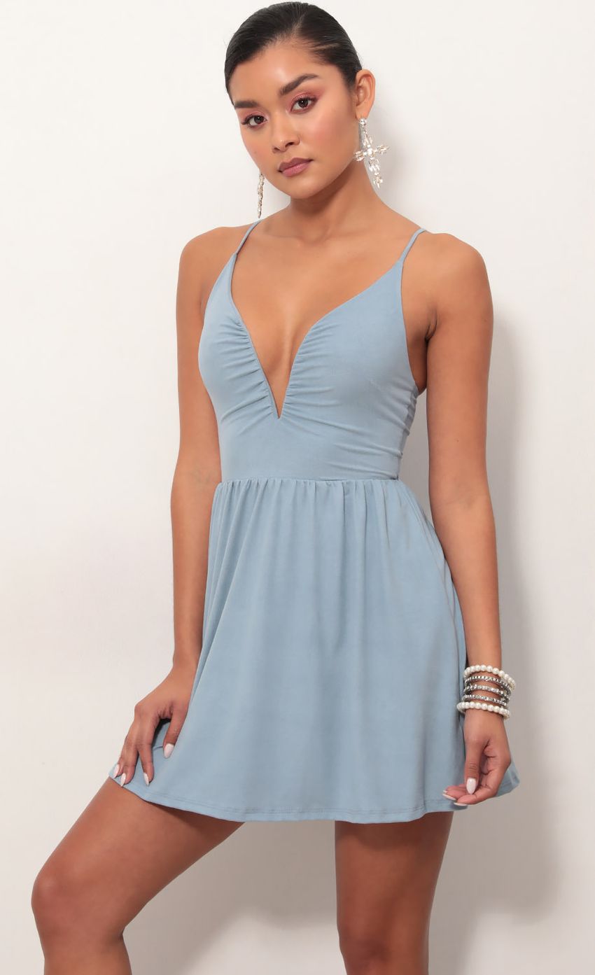 Picture Low V Suede Plunge Dress In Blue. Source: https://media-img.lucyinthesky.com/data/Mar19_2/850xAUTO/781A7541.JPG