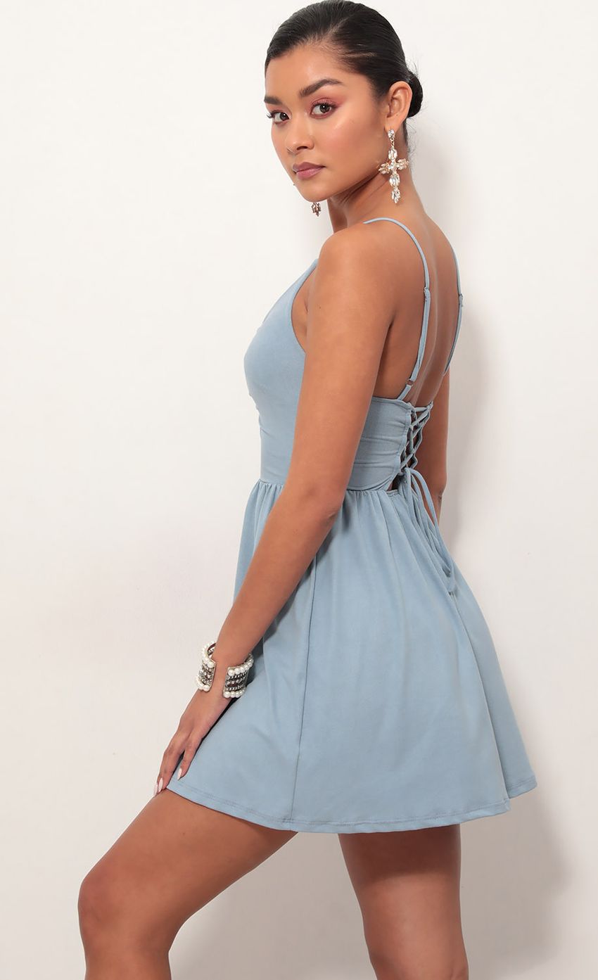 Picture Low V Suede Plunge Dress In Blue. Source: https://media-img.lucyinthesky.com/data/Mar19_2/850xAUTO/781A7559.JPG