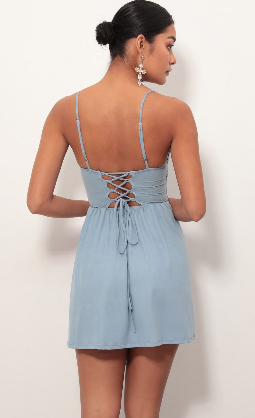 Picture Low V Suede Plunge Dress In Blue. Source: https://media-img.lucyinthesky.com/data/Mar19_2/850xAUTO/781A7569.JPG