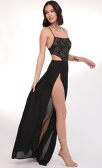 Picture Paris Gold Lace Maxi Dress in Black. Source: https://media-img.lucyinthesky.com/data/Mar20_1/150xAUTO/781A5686.JPG