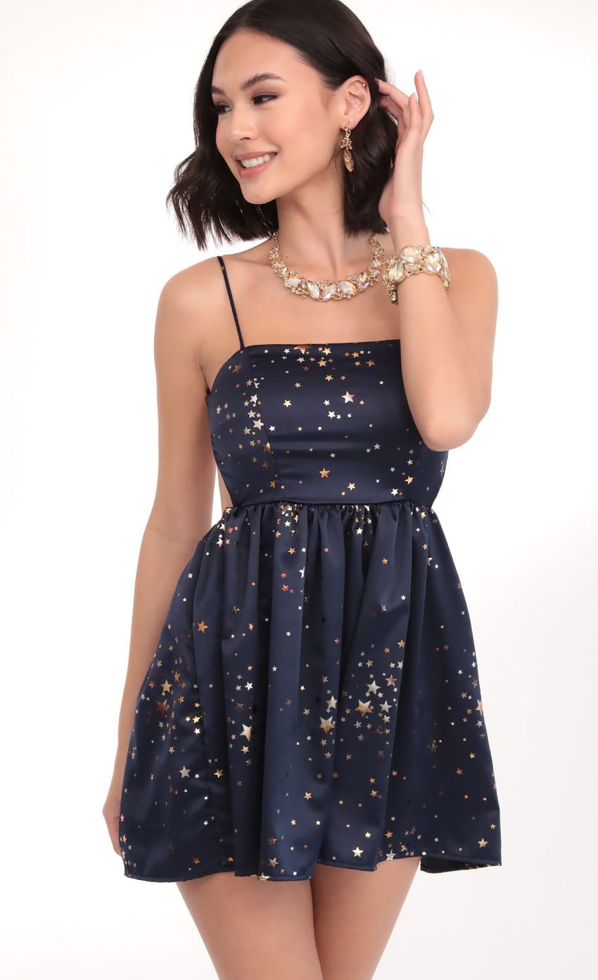 Picture Janey Starlight Satin A-line Dress in Navy. Source: https://media-img.lucyinthesky.com/data/Mar20_1/850xAUTO/781A1064.JPG