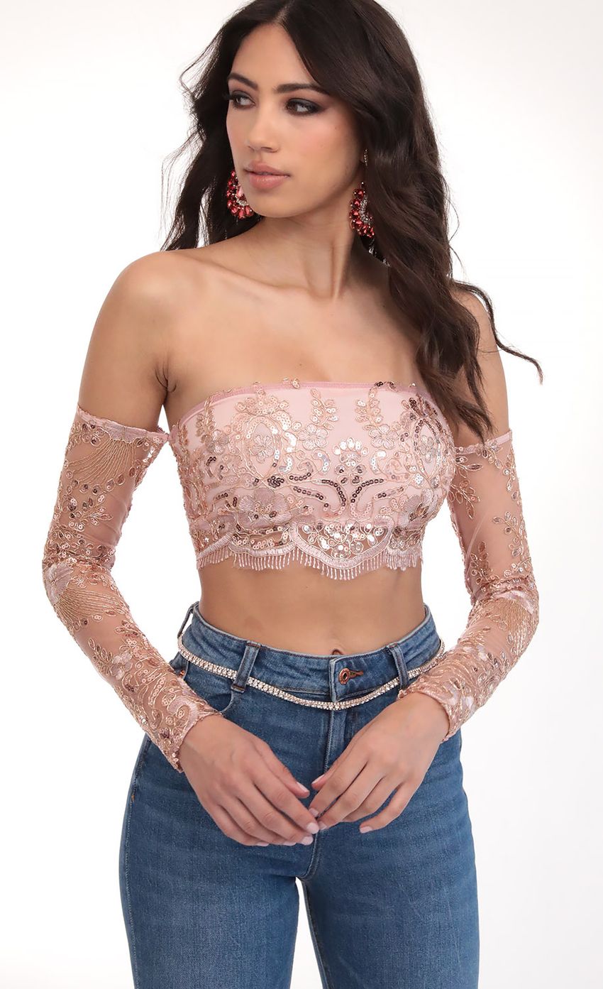 Picture Valentina Gold Sequin Lace Top in Mauve. Source: https://media-img.lucyinthesky.com/data/Mar20_1/850xAUTO/781A2289.JPG