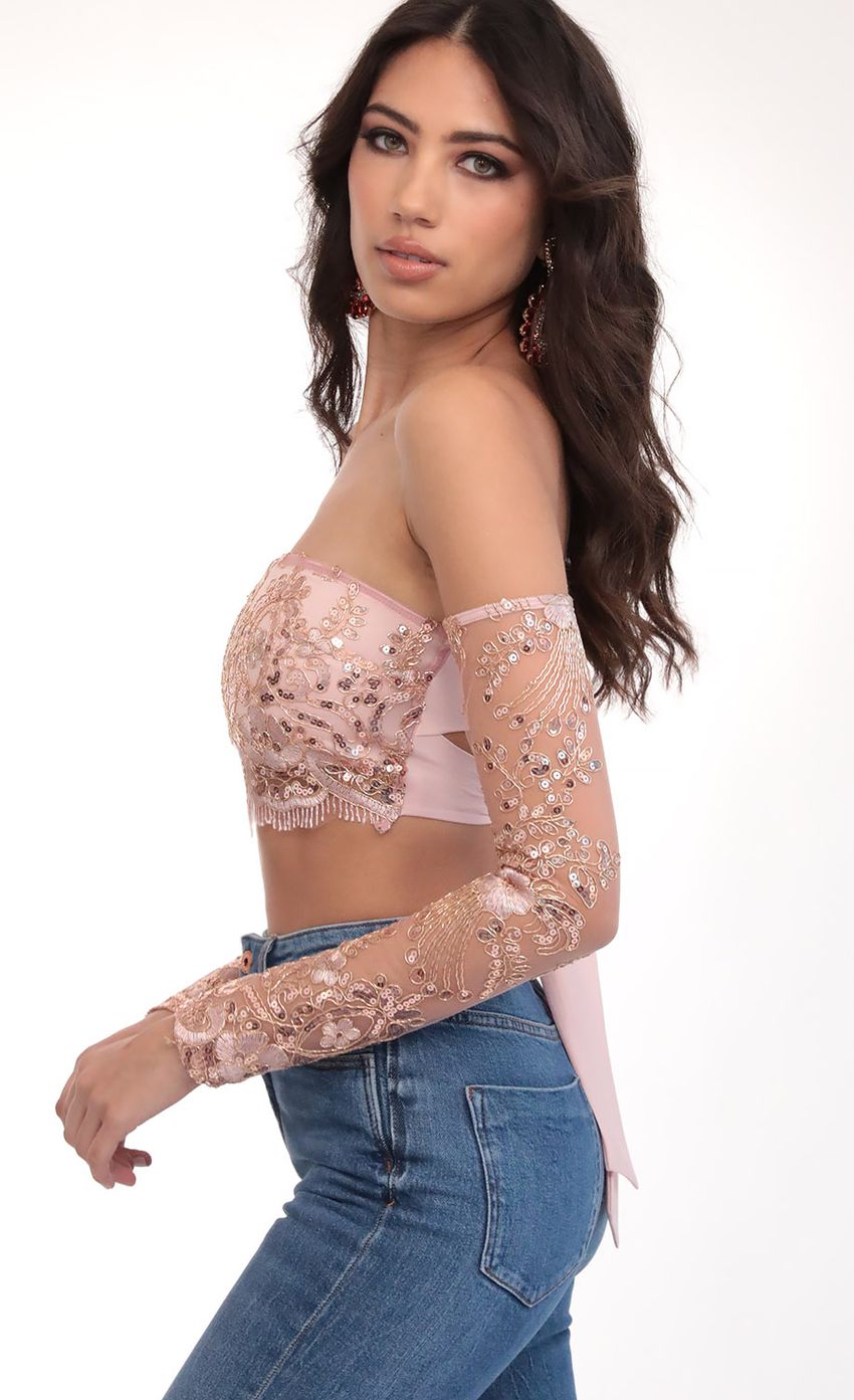 Picture Valentina Gold Sequin Lace Top in Mauve. Source: https://media-img.lucyinthesky.com/data/Mar20_1/850xAUTO/781A2337.JPG