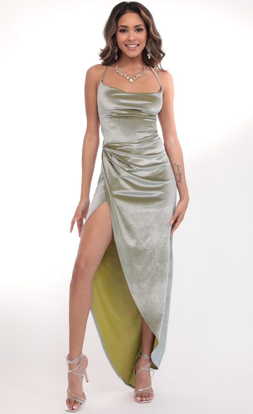 Picture Lovely Velvet Luxe Maxi Dress in Green. Source: https://media-img.lucyinthesky.com/data/Mar20_1/850xAUTO/781A4878.JPG