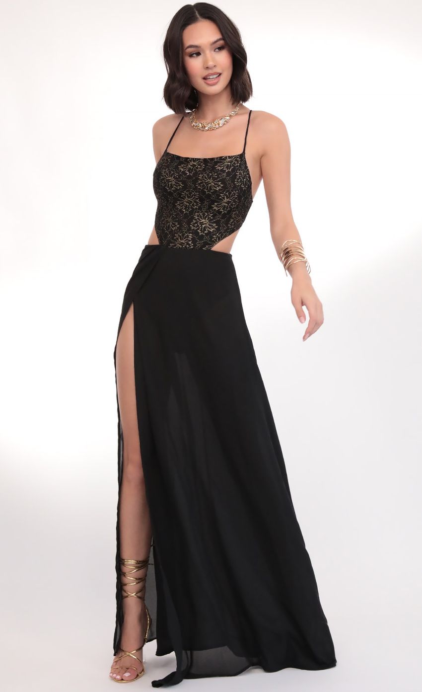 Picture Paris Gold Lace Maxi Dress in Black. Source: https://media-img.lucyinthesky.com/data/Mar20_1/850xAUTO/781A5654.JPG