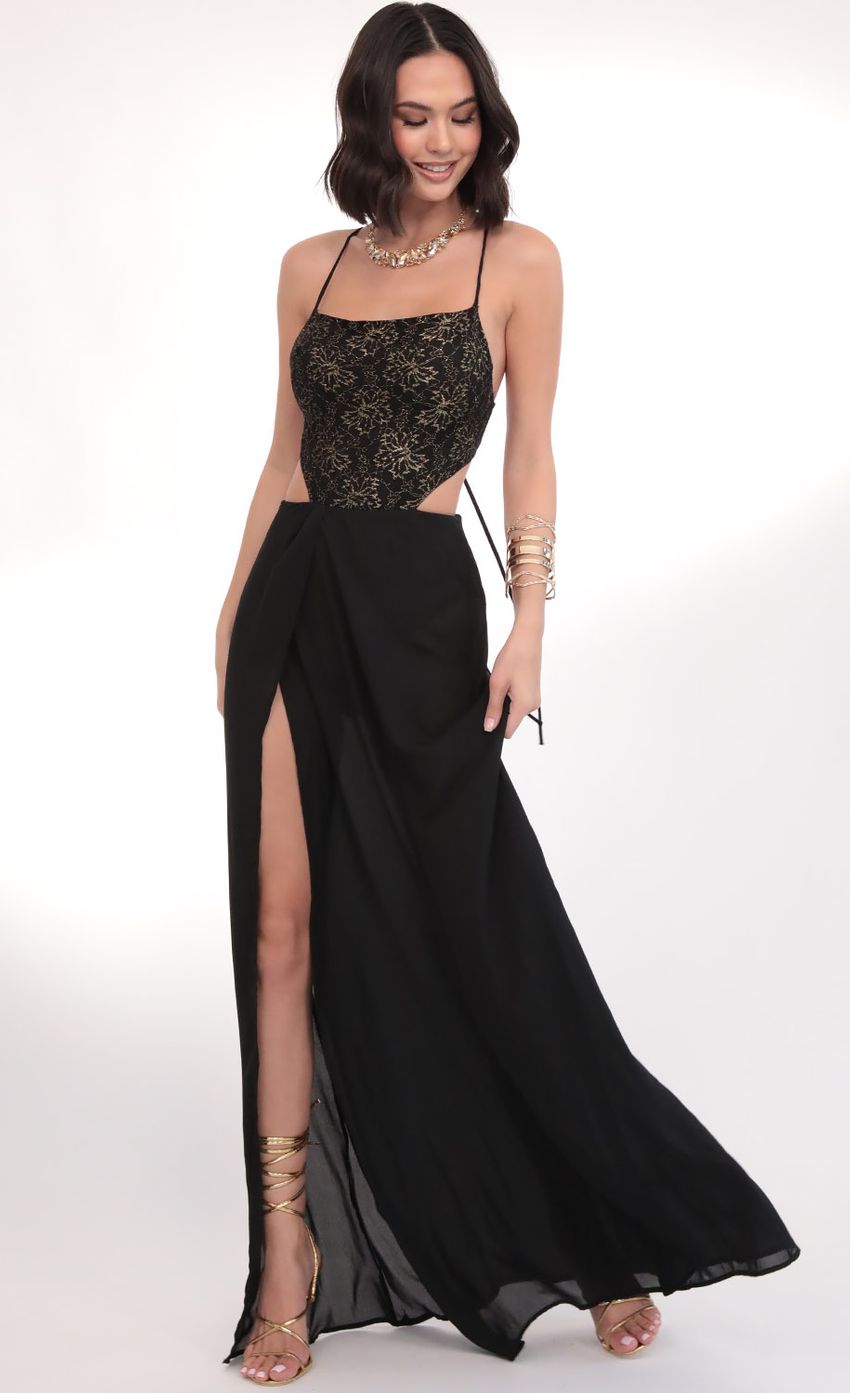 Picture Paris Gold Lace Maxi Dress in Black. Source: https://media-img.lucyinthesky.com/data/Mar20_1/850xAUTO/781A5660.JPG