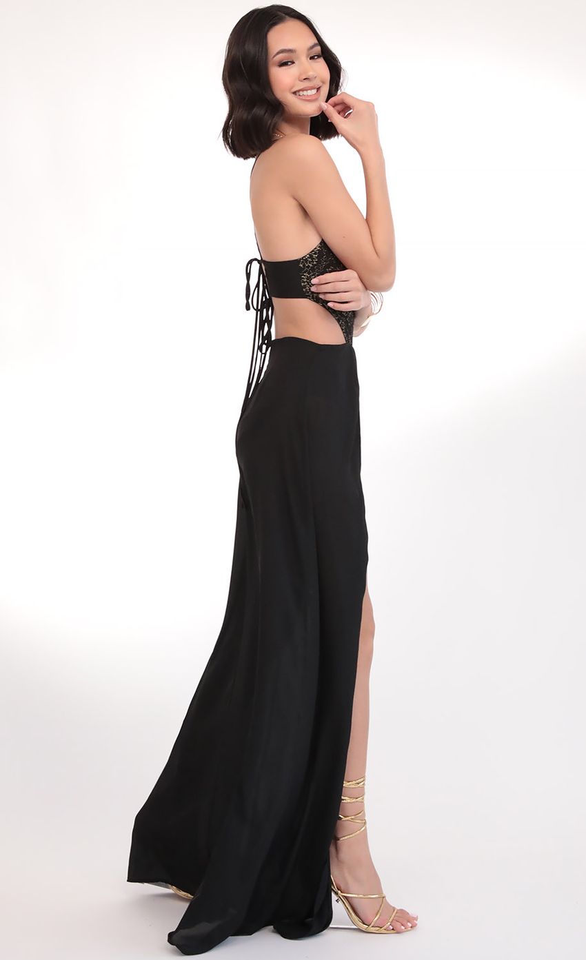 Picture Paris Gold Lace Maxi Dress in Black. Source: https://media-img.lucyinthesky.com/data/Mar20_1/850xAUTO/781A5703.JPG
