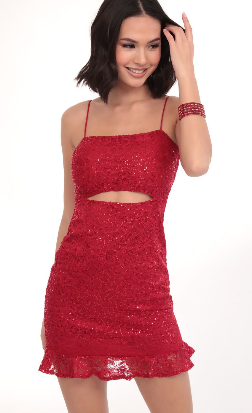 Picture Rae Sequin Lace Ruffle Dress in Red. Source: https://media-img.lucyinthesky.com/data/Mar20_1/850xAUTO/781A8659.JPG