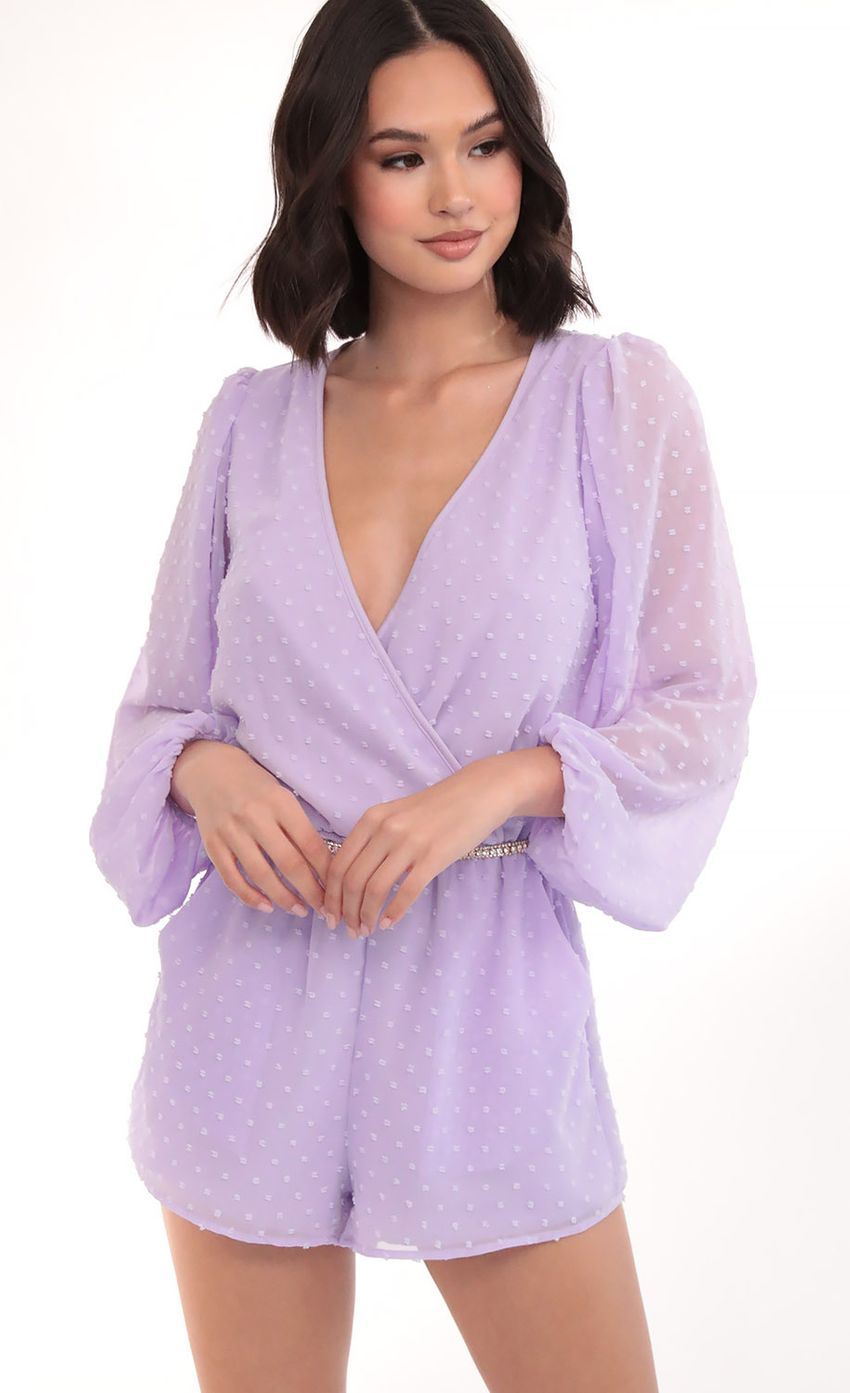 Picture Balloon Sleeve Romper in Lilac Dots. Source: https://media-img.lucyinthesky.com/data/Mar20_1/850xAUTO/781A9004.JPG