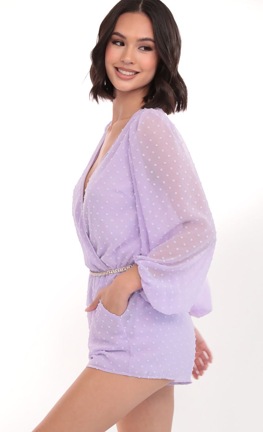 Picture Balloon Sleeve Romper in Lilac Dots. Source: https://media-img.lucyinthesky.com/data/Mar20_1/850xAUTO/781A9017.JPG