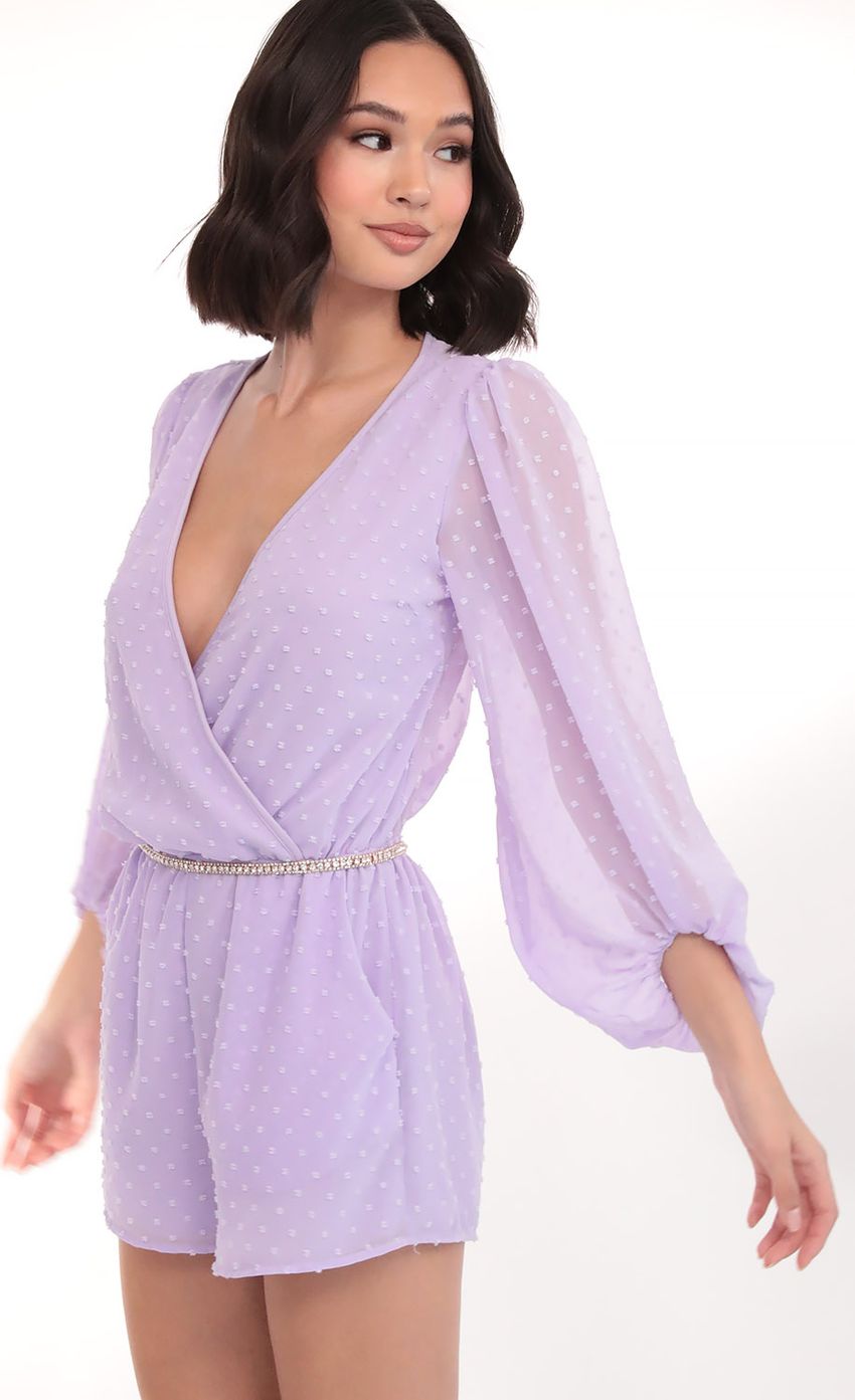 Picture Balloon Sleeve Romper in Lilac Dots. Source: https://media-img.lucyinthesky.com/data/Mar20_1/850xAUTO/781A9033.JPG