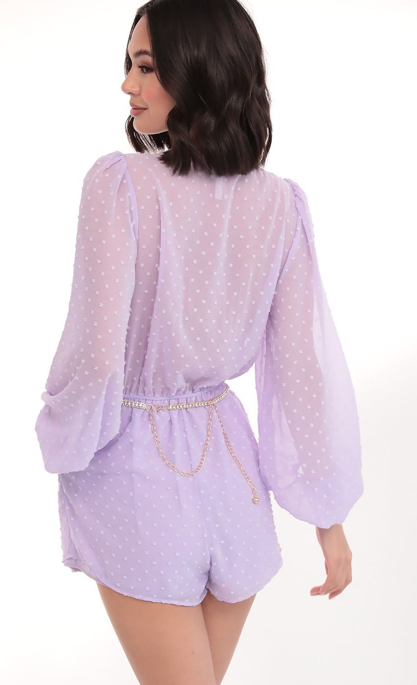 Picture Balloon Sleeve Romper in Lilac Dots. Source: https://media-img.lucyinthesky.com/data/Mar20_1/850xAUTO/781A9059.JPG