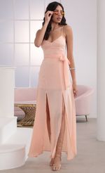 Picture Milan Satin Tie Maxi in Peach. Source: https://media-img.lucyinthesky.com/data/Mar20_2/150xAUTO/781A5147.JPG