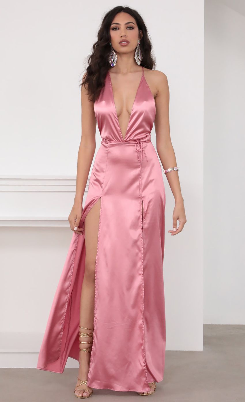Picture Allure Satin Maxi Dress in Pink. Source: https://media-img.lucyinthesky.com/data/Mar20_2/850xAUTO/781A4845.JPG