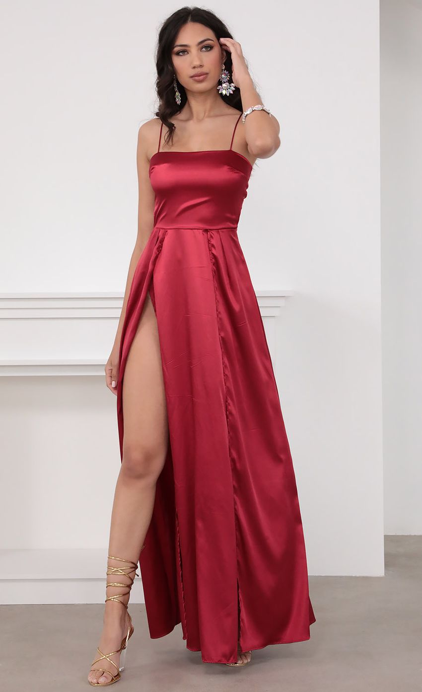 Picture Satin Maxi Dress in Red. Source: https://media-img.lucyinthesky.com/data/Mar20_2/850xAUTO/781A5012.JPG