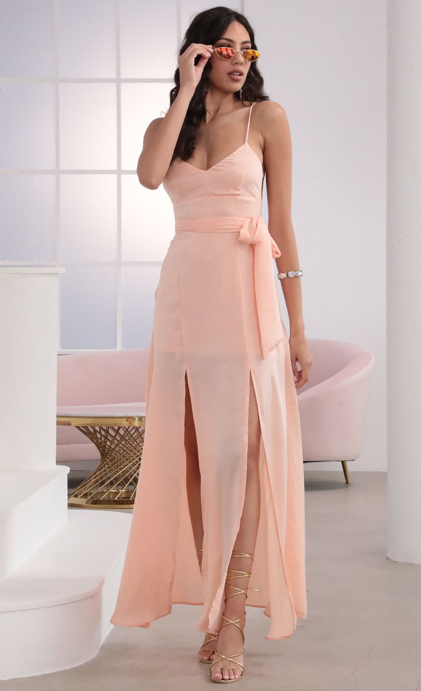 Picture Milan Satin Tie Maxi in Peach. Source: https://media-img.lucyinthesky.com/data/Mar20_2/850xAUTO/781A5147.JPG