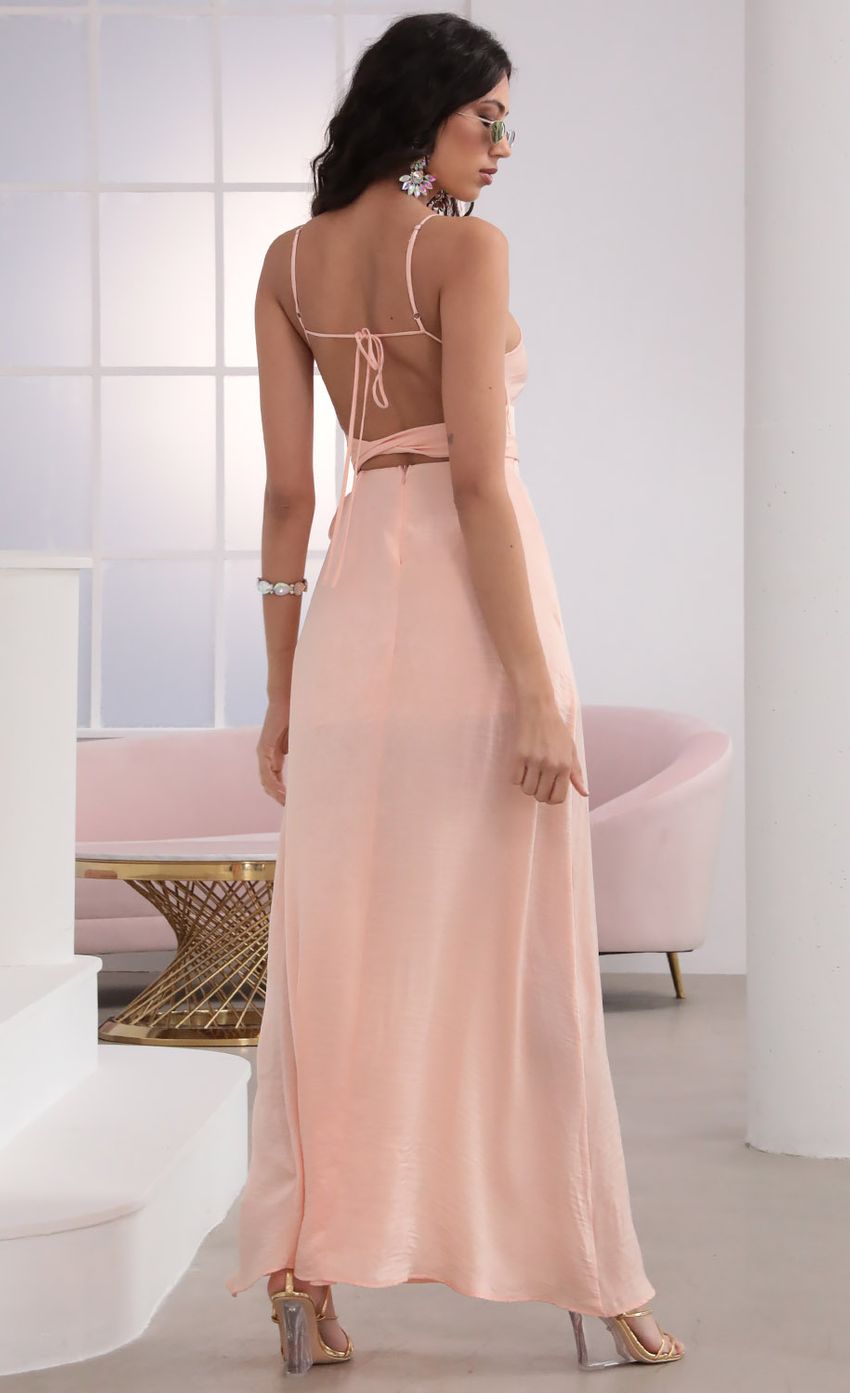 Picture Milan Satin Tie Maxi in Peach. Source: https://media-img.lucyinthesky.com/data/Mar20_2/850xAUTO/781A5196.JPG