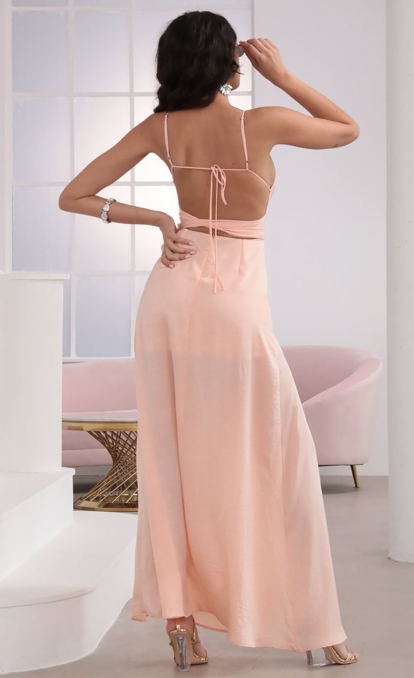 Picture Milan Satin Tie Maxi in Peach. Source: https://media-img.lucyinthesky.com/data/Mar20_2/850xAUTO/781A5214.JPG