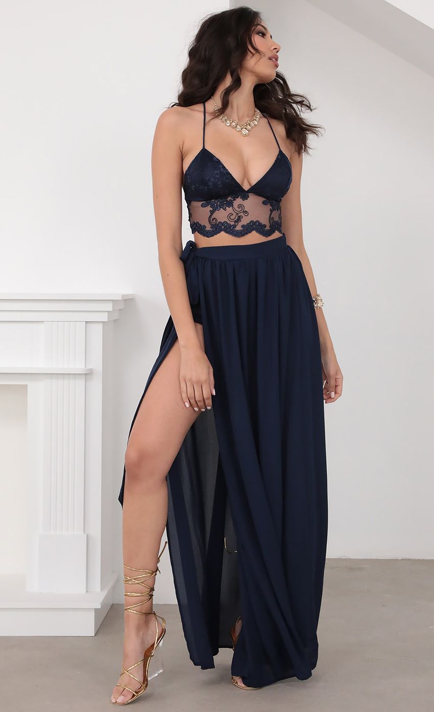 Picture Lace Chiffon Maxi Set in Navy. Source: https://media-img.lucyinthesky.com/data/Mar20_2/850xAUTO/781A5863.JPG