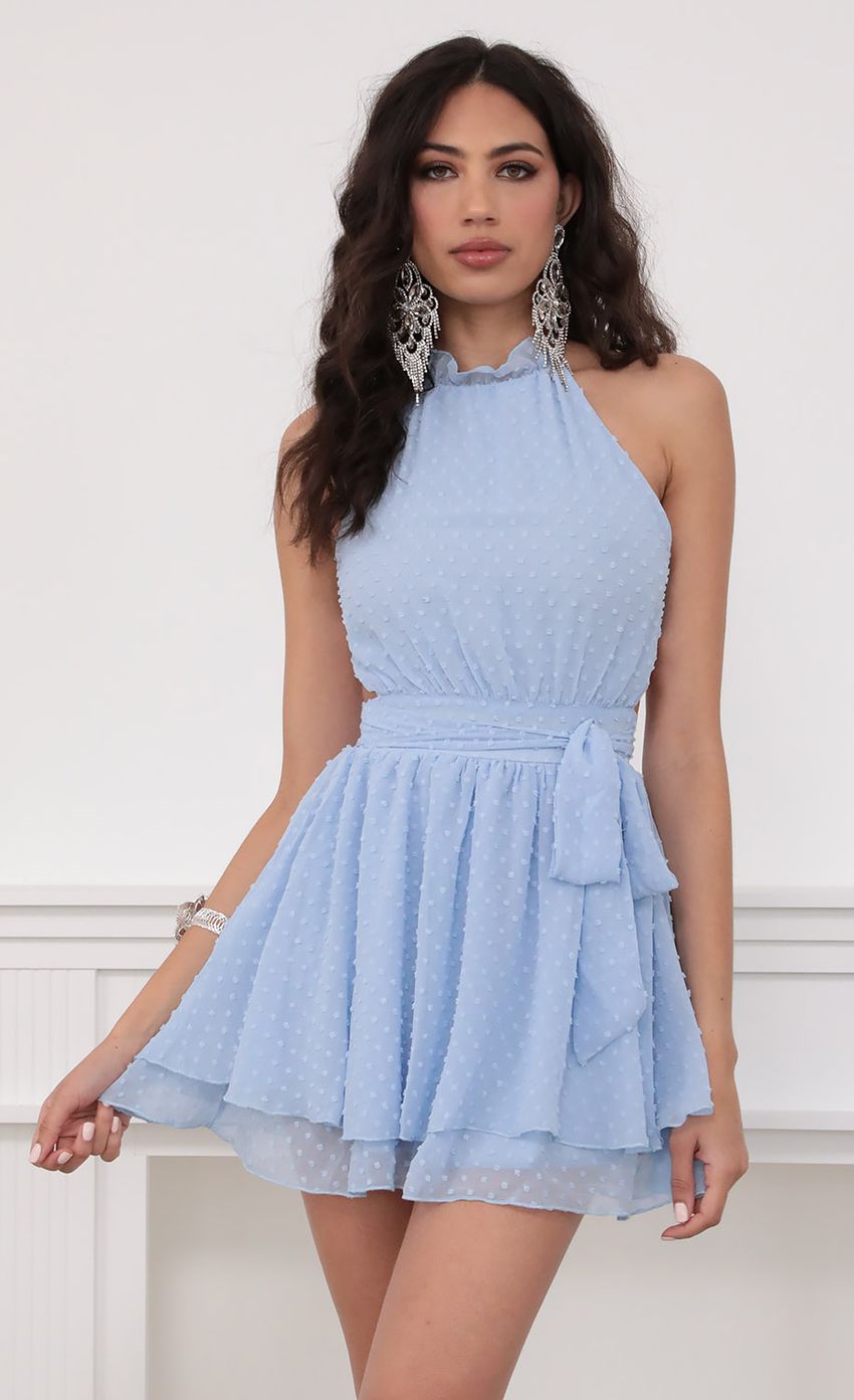 Picture Halter Chiffon Dress in Blue Dots. Source: https://media-img.lucyinthesky.com/data/Mar20_2/850xAUTO/781A8021.JPG