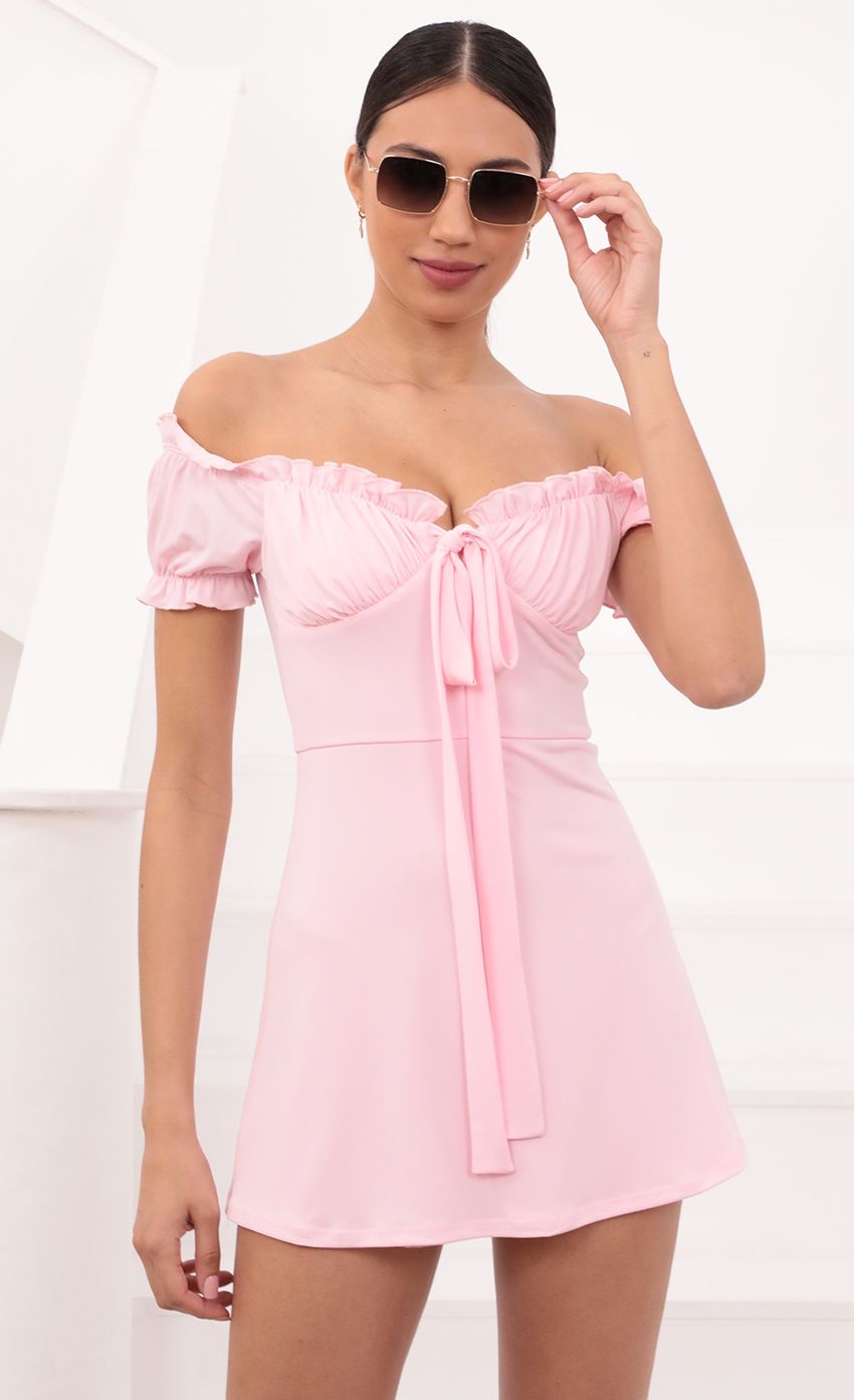 Picture Off Shoulder Dress in Pink. Source: https://media-img.lucyinthesky.com/data/Mar21_1/850xAUTO/1V9A4850.JPG