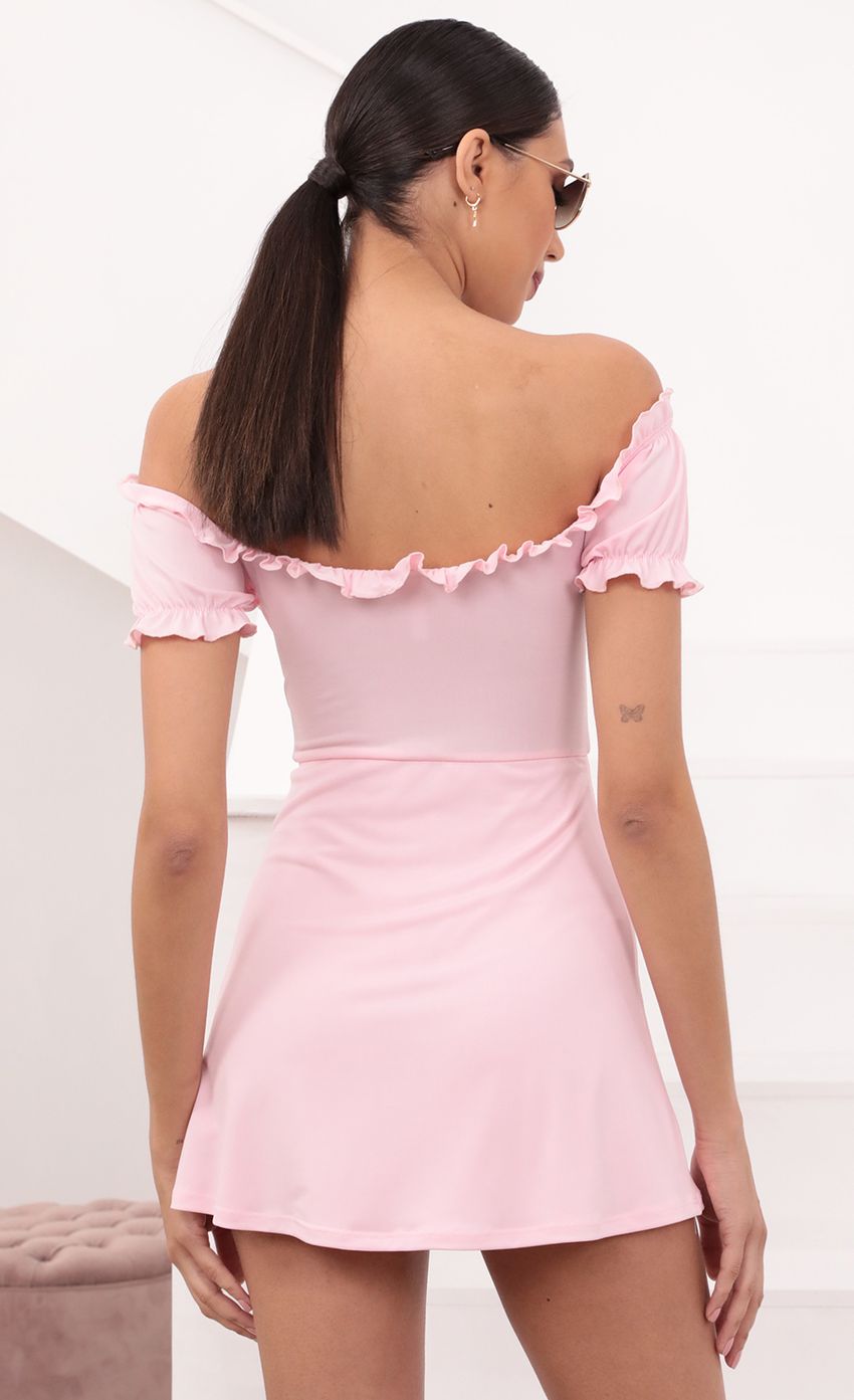 Picture Off Shoulder Dress in Pink. Source: https://media-img.lucyinthesky.com/data/Mar21_1/850xAUTO/1V9A4919.JPG