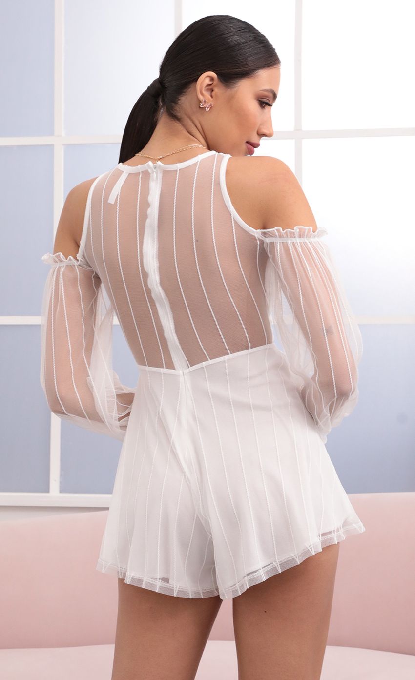 Picture Dorthea Mesh Ruched Front Romper in White. Source: https://media-img.lucyinthesky.com/data/Mar21_1/850xAUTO/1V9A6610.JPG