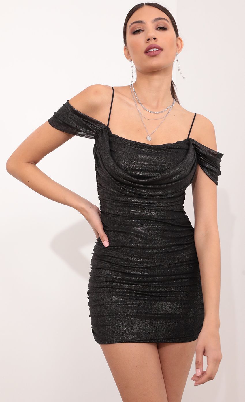 Picture Off Shoulder Mesh Bodycon Dress in Shimmer Black. Source: https://media-img.lucyinthesky.com/data/Mar21_1/850xAUTO/1V9A7329.JPG