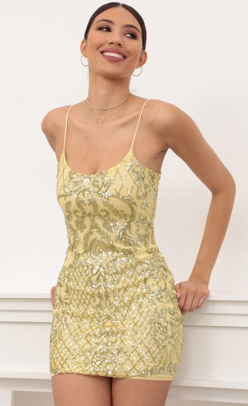 Picture Gold Sequin Bodycon Dress in Yellow. Source: https://media-img.lucyinthesky.com/data/Mar21_1/850xAUTO/AT2A4849.JPG