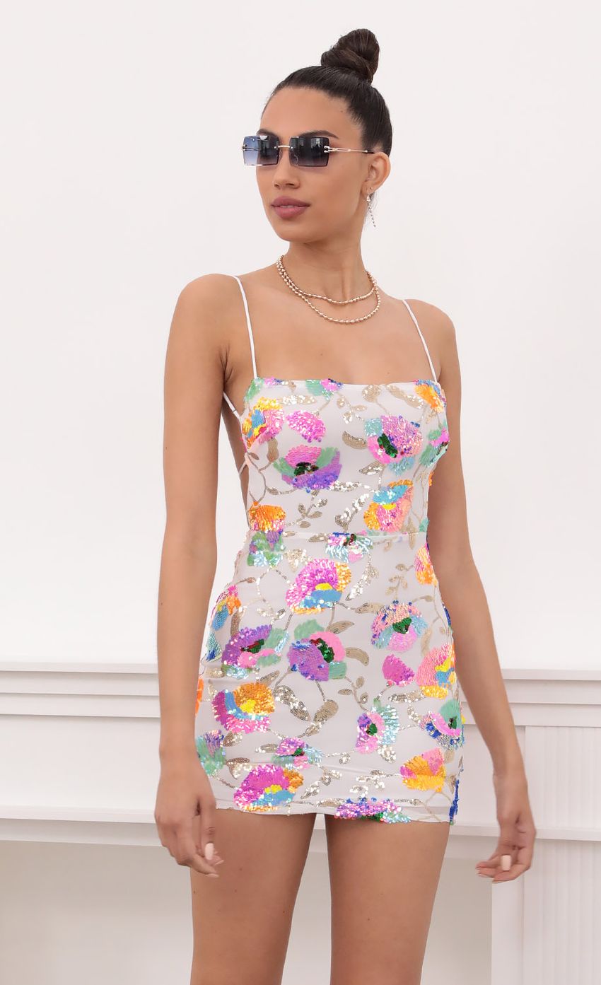 Picture Strappy Multicolor Sequin Dress in White. Source: https://media-img.lucyinthesky.com/data/Mar21_2/850xAUTO/1V9A0921.JPG