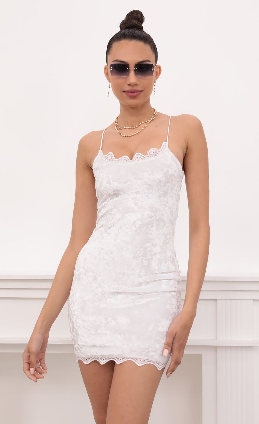 Picture Lace Bodycon Velvet Dress In White. Source: https://media-img.lucyinthesky.com/data/Mar21_2/850xAUTO/1V9A1201.JPG