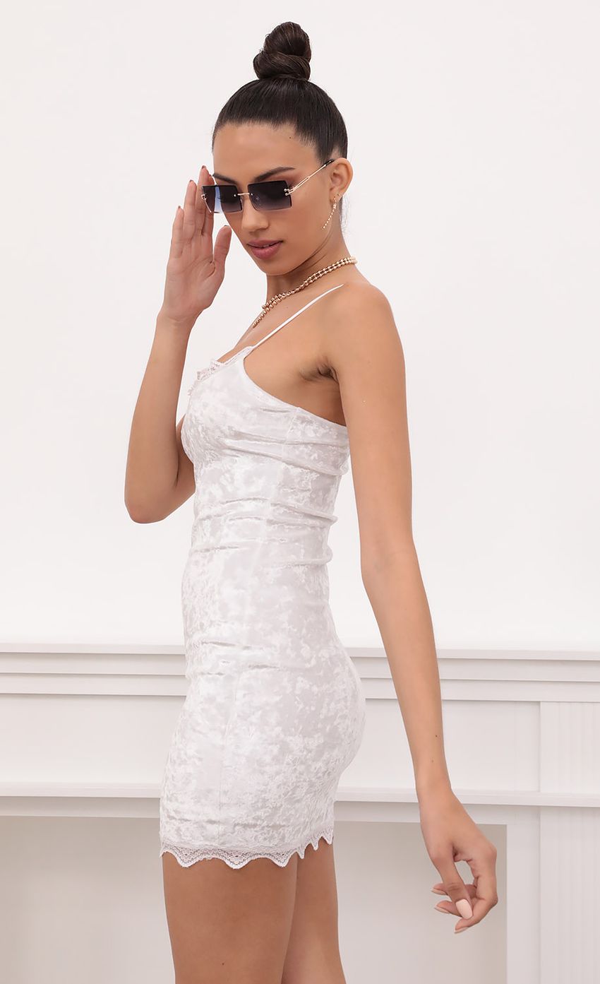 Picture Lace Bodycon Velvet Dress In White. Source: https://media-img.lucyinthesky.com/data/Mar21_2/850xAUTO/1V9A1211.JPG