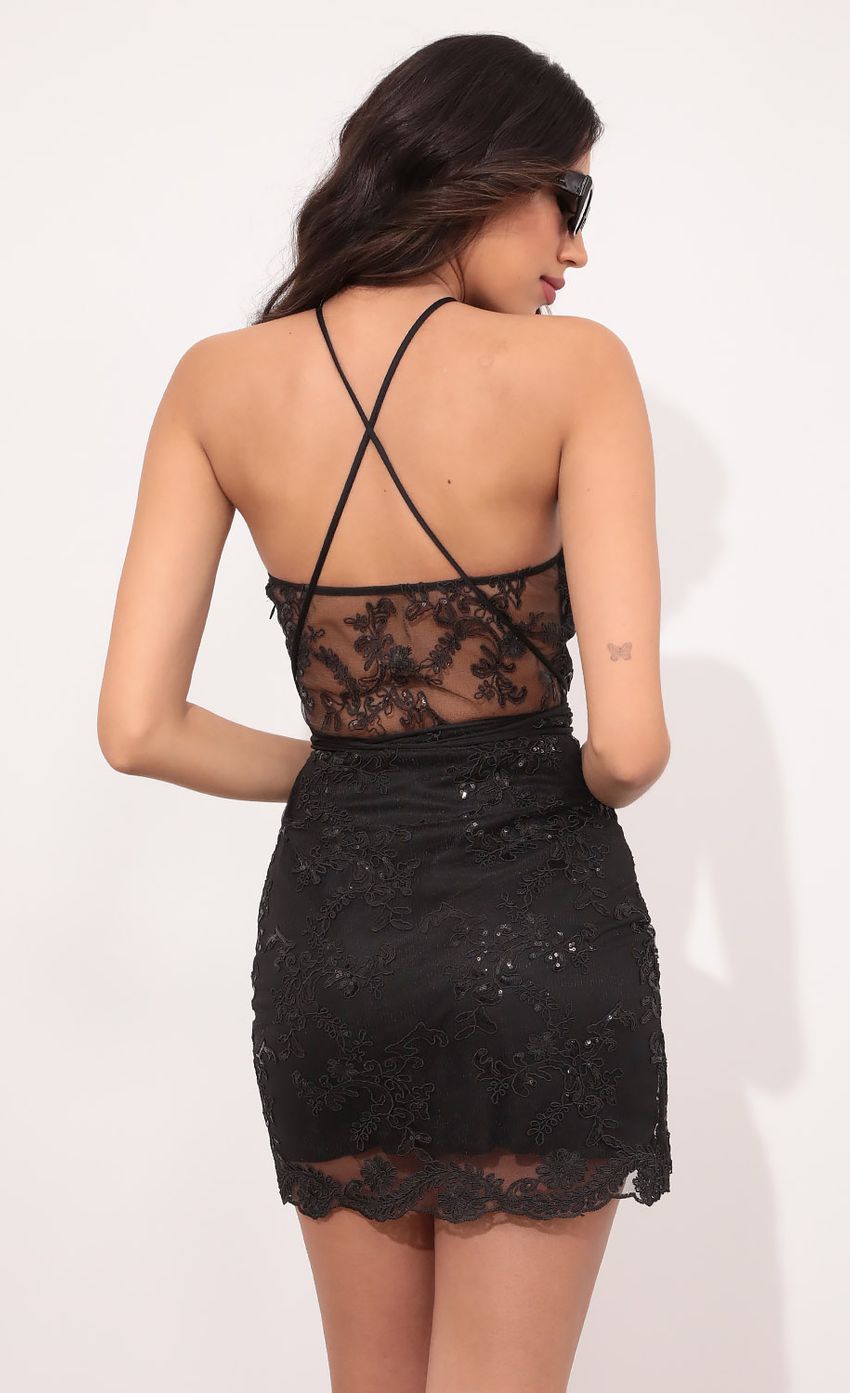 Picture Scallop Sequin Lace Bodycon Dress in Black. Source: https://media-img.lucyinthesky.com/data/Mar21_2/850xAUTO/1V9A2265.JPG