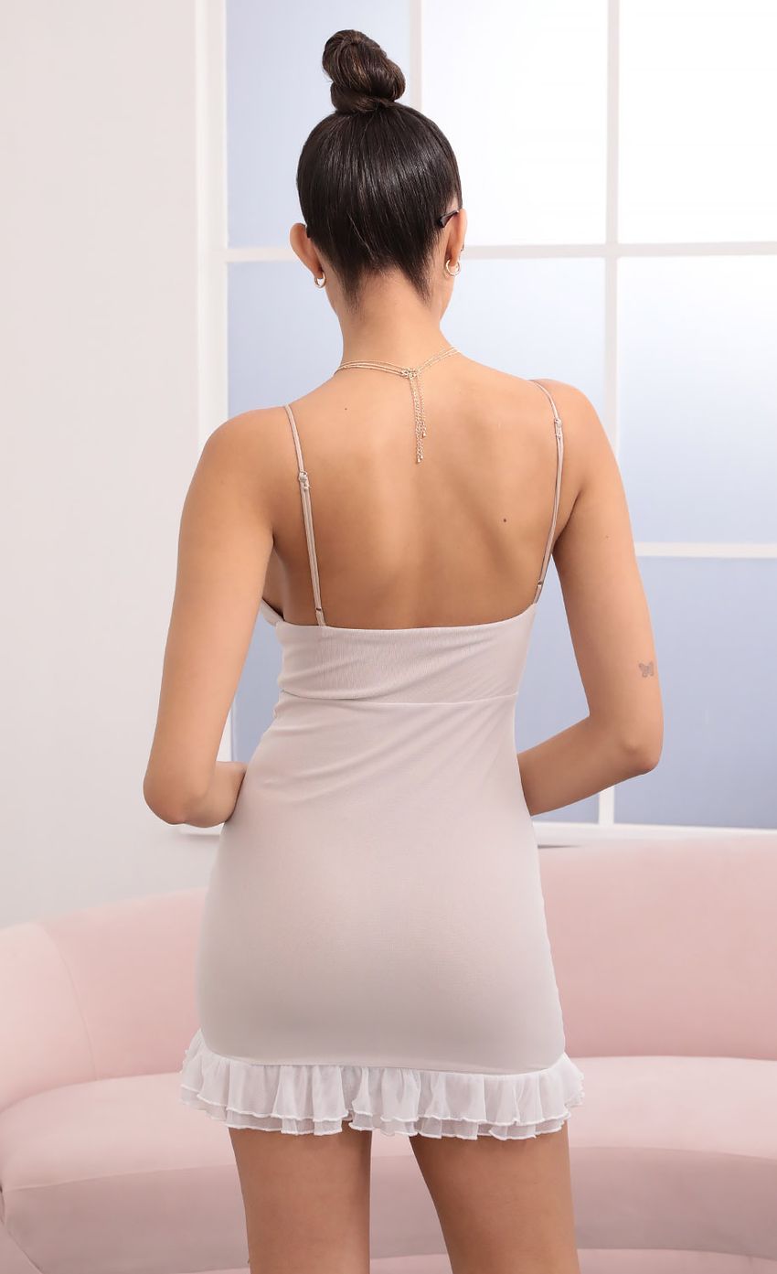 Picture Ruched Bodycon Dress in White Mesh. Source: https://media-img.lucyinthesky.com/data/Mar21_2/850xAUTO/1V9A2576.JPG