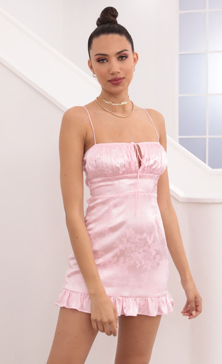 Picture Satin Floral Dress in Pink. Source: https://media-img.lucyinthesky.com/data/Mar21_2/850xAUTO/1V9A6632.JPG