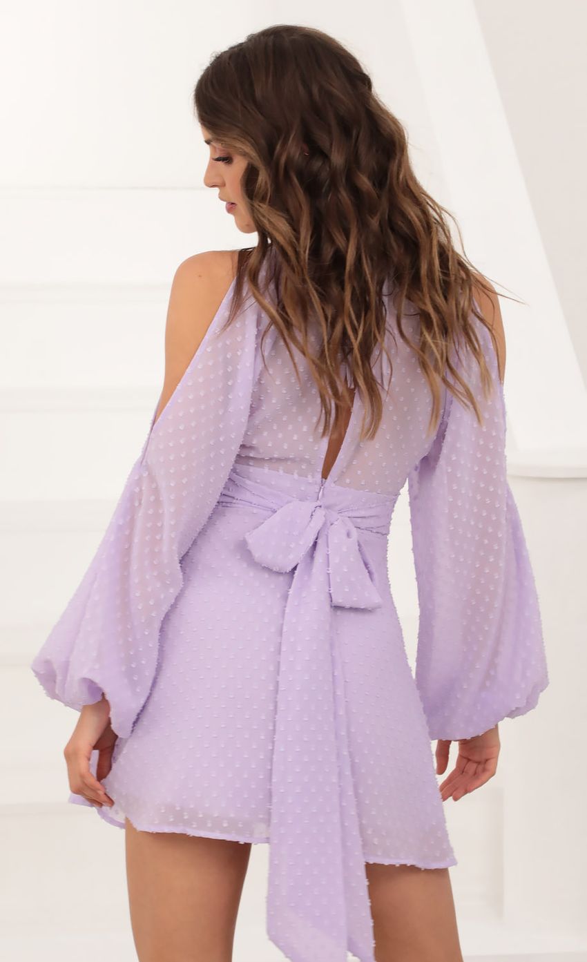 Picture Dotted Shoulder Cutout Dress in Lilac. Source: https://media-img.lucyinthesky.com/data/Mar21_2/850xAUTO/AT2A0903.JPG