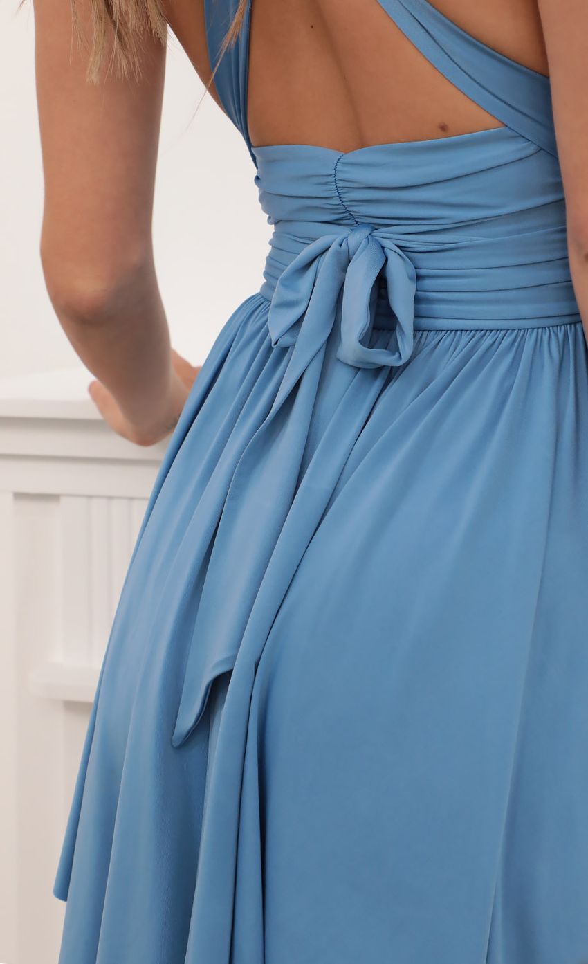 Picture Elisha Ruched Halter Dress in Blue. Source: https://media-img.lucyinthesky.com/data/Mar21_2/850xAUTO/AT2A7167.JPG